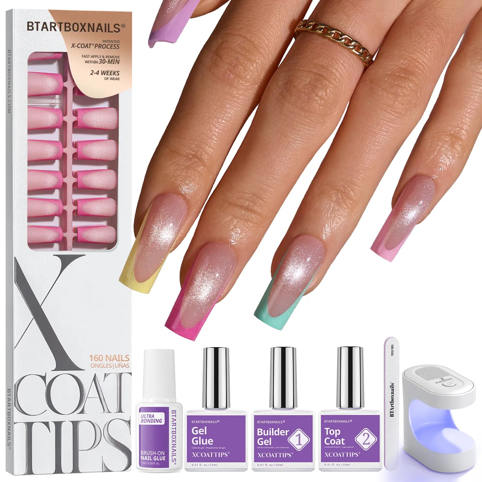 Transform Your Look with Btartboxnails XCOATTIPS: 5 Vibrant Pastel French Tip Press-On Nails in Square, Almond, Coffin, or Stiletto Styles - Enjoy 4 Weeks of Salon-Quality Wear at Home!