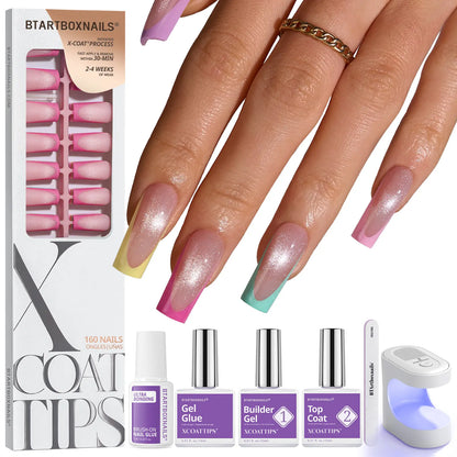 Transform Your Look with Btartboxnails XCOATTIPS: 5 Vibrant Pastel French Tip Press-On Nails in Square, Almond, Coffin, or Stiletto Styles - Enjoy 4 Weeks of Salon-Quality Wear at Home!