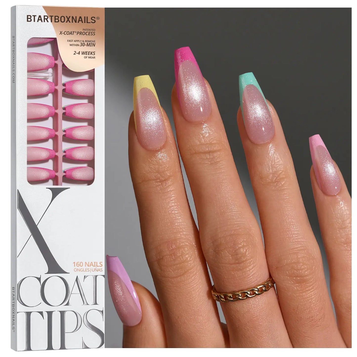 Transform Your Look with Btartboxnails XCOATTIPS: 5 Vibrant Pastel French Tip Press-On Nails in Square, Almond, Coffin, or Stiletto Styles - Enjoy 4 Weeks of Salon-Quality Wear at Home!