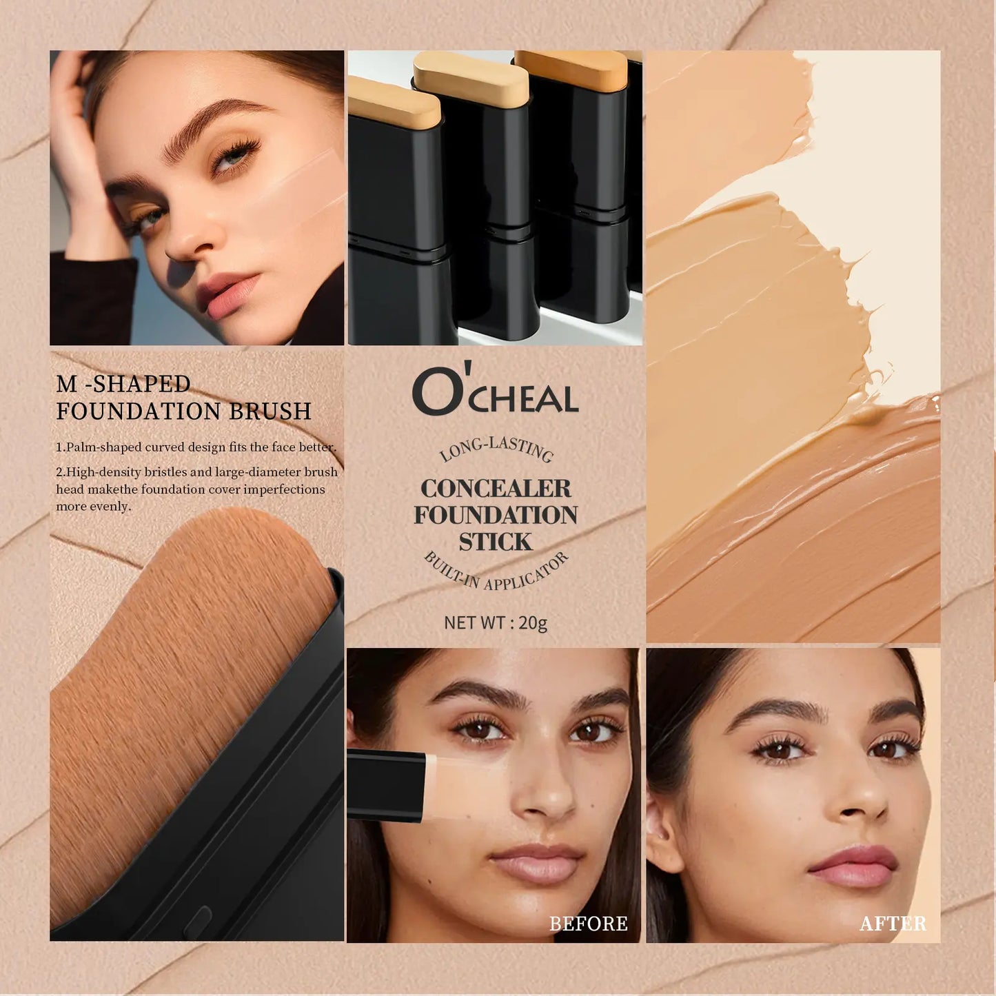 Dual-Ended Foundation Stick with Concealer and Highlighter - Hydrating, SPF-Infused, Acne-Covering Formula with Built-In Brush, Available in Multiple Shades for Long-Wear Fall Makeup