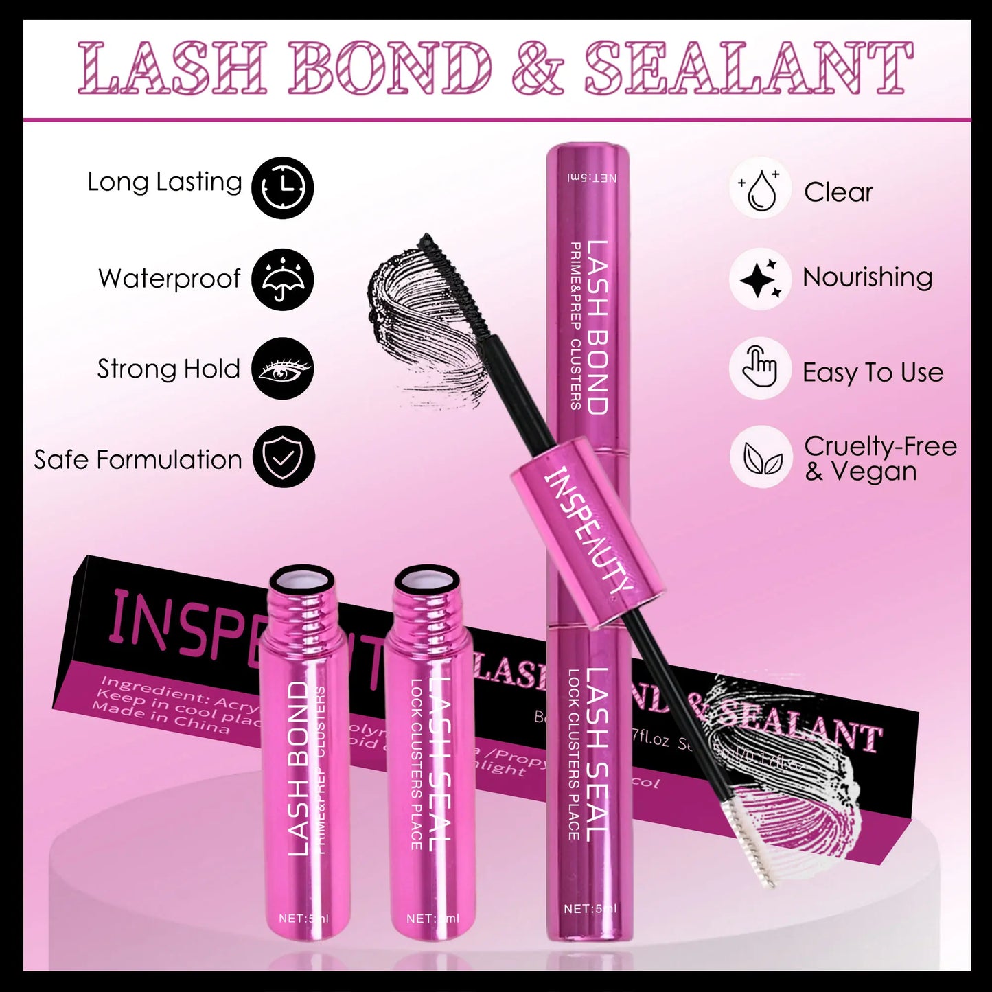 Lash Cluster Glue, Lash Bond and Seal for Eyelash Clusters, 5Ml+5Ml Bond and Seal, Waterproof, 2-In-1 Home Use, Strong Hold for 72H