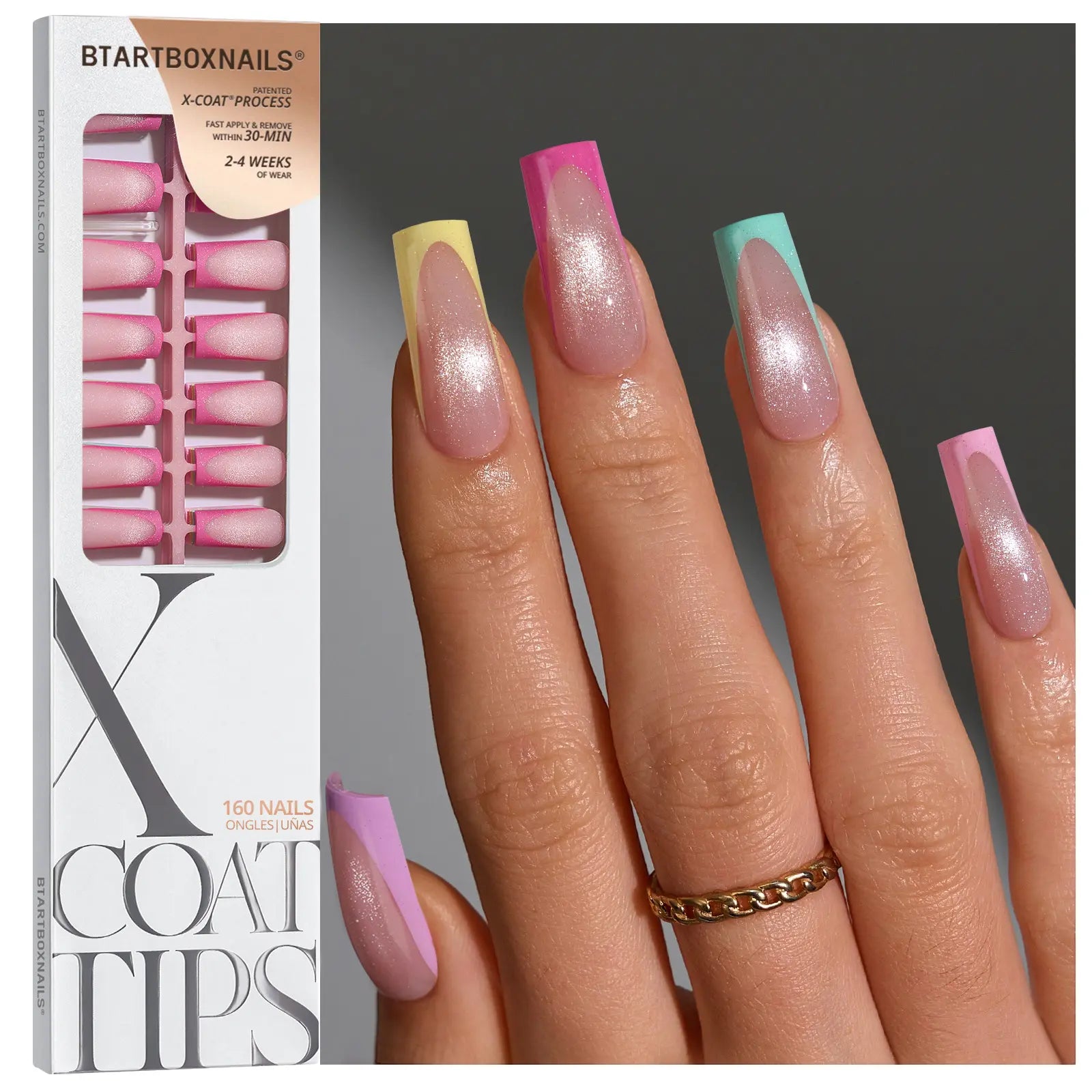 Transform Your Look with Btartboxnails XCOATTIPS: 5 Vibrant Pastel French Tip Press-On Nails in Square, Almond, Coffin, or Stiletto Styles - Enjoy 4 Weeks of Salon-Quality Wear at Home!