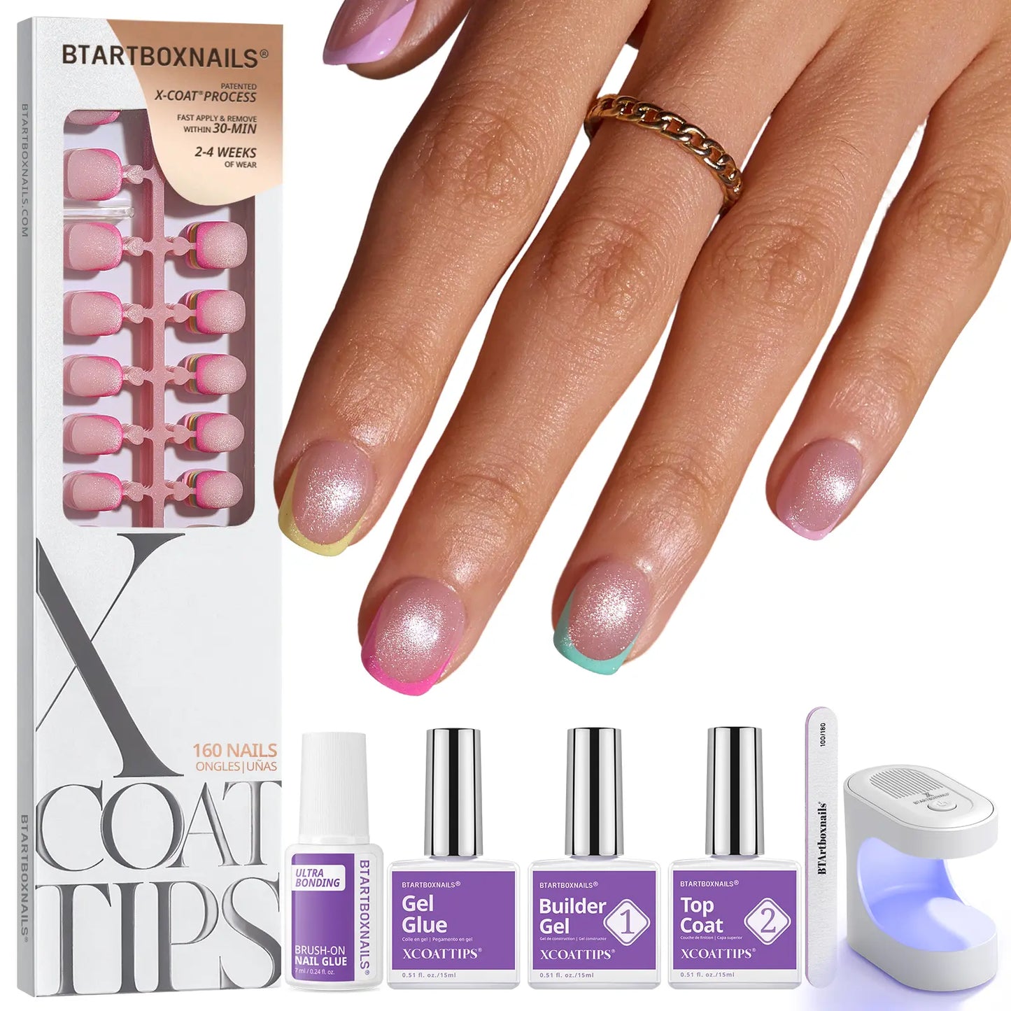 Transform Your Look with Btartboxnails XCOATTIPS: 5 Vibrant Pastel French Tip Press-On Nails in Square, Almond, Coffin, or Stiletto Styles - Enjoy 4 Weeks of Salon-Quality Wear at Home!