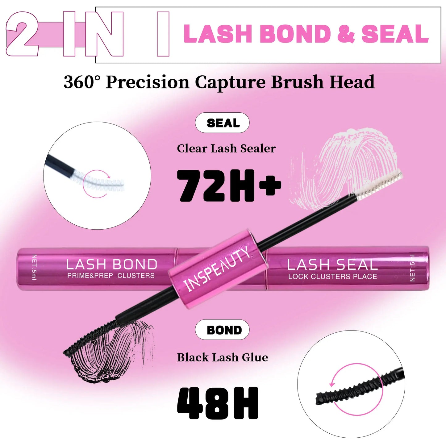 Lash Cluster Glue, Lash Bond and Seal for Eyelash Clusters, 5Ml+5Ml Bond and Seal, Waterproof, 2-In-1 Home Use, Strong Hold for 72H