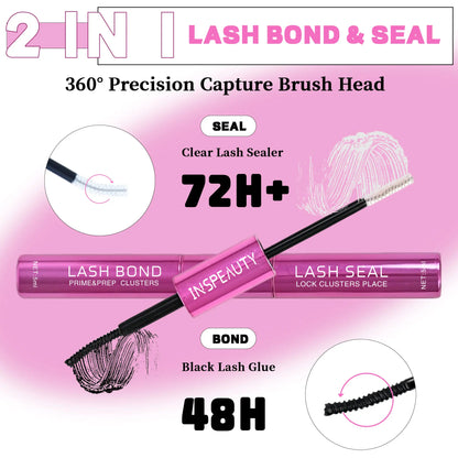 Lash Cluster Glue, Lash Bond and Seal for Eyelash Clusters, 5Ml+5Ml Bond and Seal, Waterproof, 2-In-1 Home Use, Strong Hold for 72H