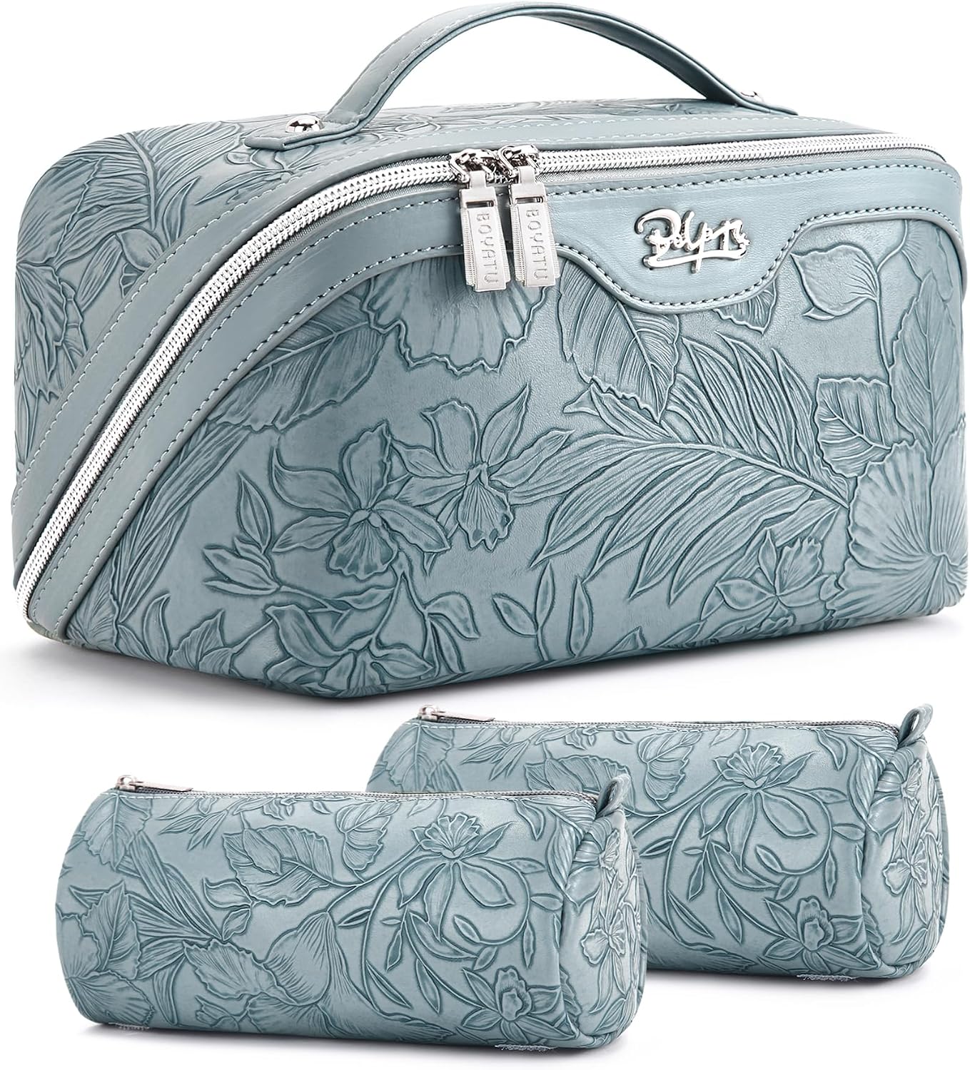 Stylish Floral Travel Makeup Bag Set - 3 Waterproof Cosmetic Organizers with Compartments and Handle for Women