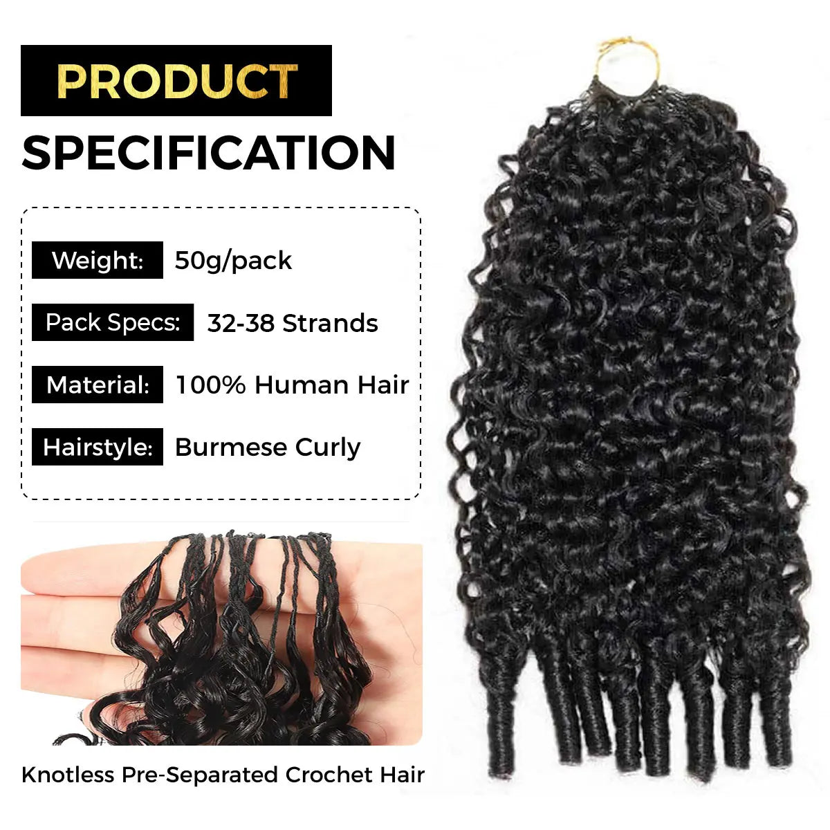 OQ HAIR Natural Black Burmese Curly Crochet Extensions - Feather-Light Human Hair for Stunning Boho Braids