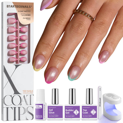 Transform Your Look with Btartboxnails XCOATTIPS: 5 Vibrant Pastel French Tip Press-On Nails in Square, Almond, Coffin, or Stiletto Styles - Enjoy 4 Weeks of Salon-Quality Wear at Home!