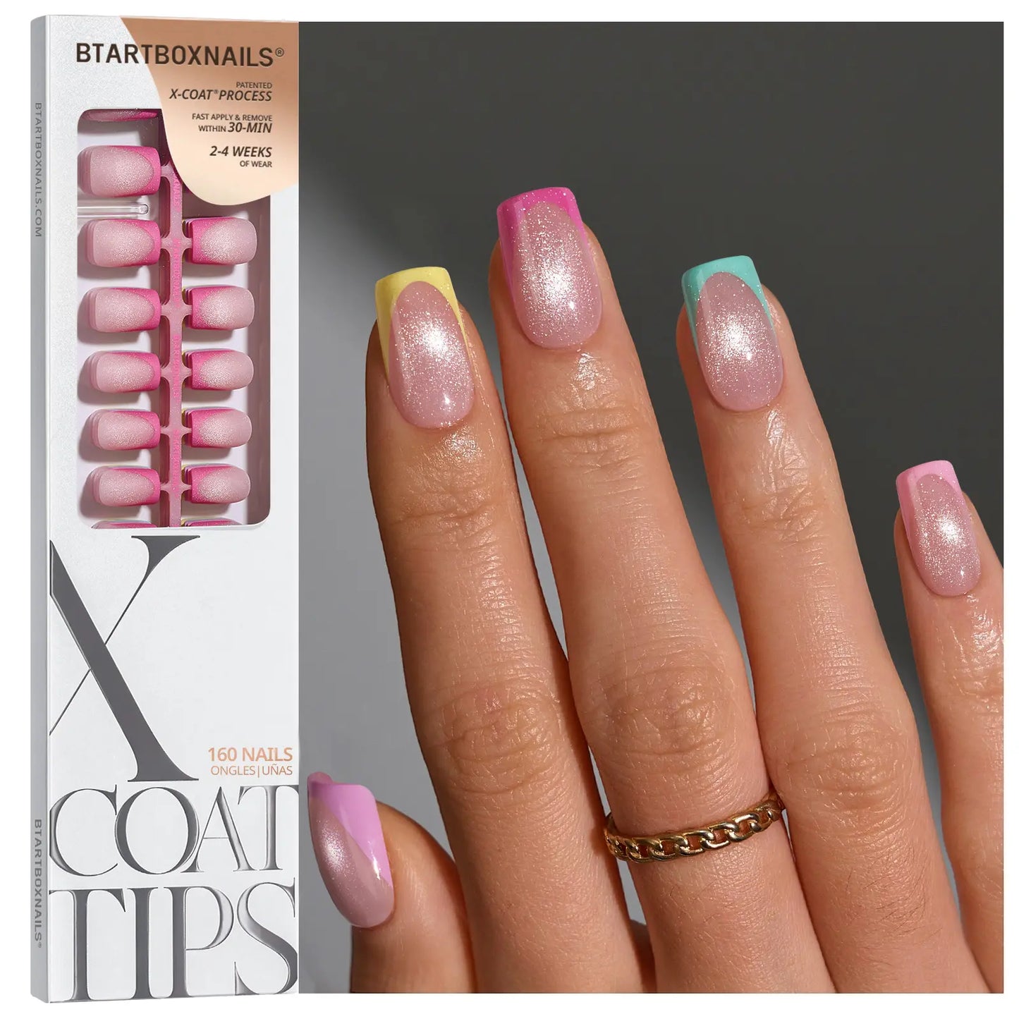 Transform Your Look with Btartboxnails XCOATTIPS: 5 Vibrant Pastel French Tip Press-On Nails in Square, Almond, Coffin, or Stiletto Styles - Enjoy 4 Weeks of Salon-Quality Wear at Home!