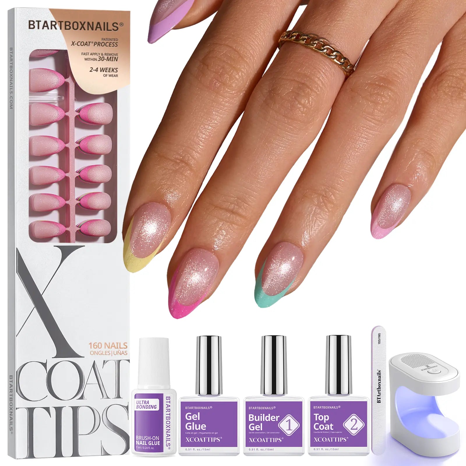 Transform Your Look with Btartboxnails XCOATTIPS: 5 Vibrant Pastel French Tip Press-On Nails in Square, Almond, Coffin, or Stiletto Styles - Enjoy 4 Weeks of Salon-Quality Wear at Home!
