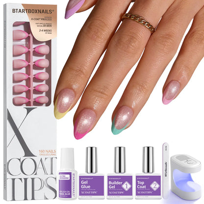 Transform Your Look with Btartboxnails XCOATTIPS: 5 Vibrant Pastel French Tip Press-On Nails in Square, Almond, Coffin, or Stiletto Styles - Enjoy 4 Weeks of Salon-Quality Wear at Home!