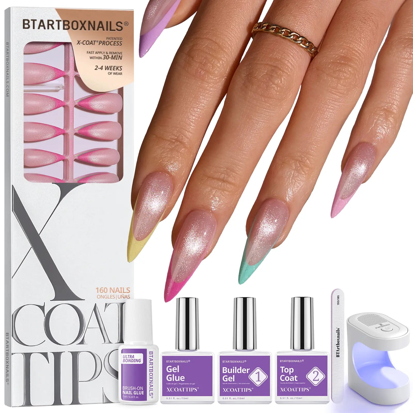 Transform Your Look with Btartboxnails XCOATTIPS: 5 Vibrant Pastel French Tip Press-On Nails in Square, Almond, Coffin, or Stiletto Styles - Enjoy 4 Weeks of Salon-Quality Wear at Home!