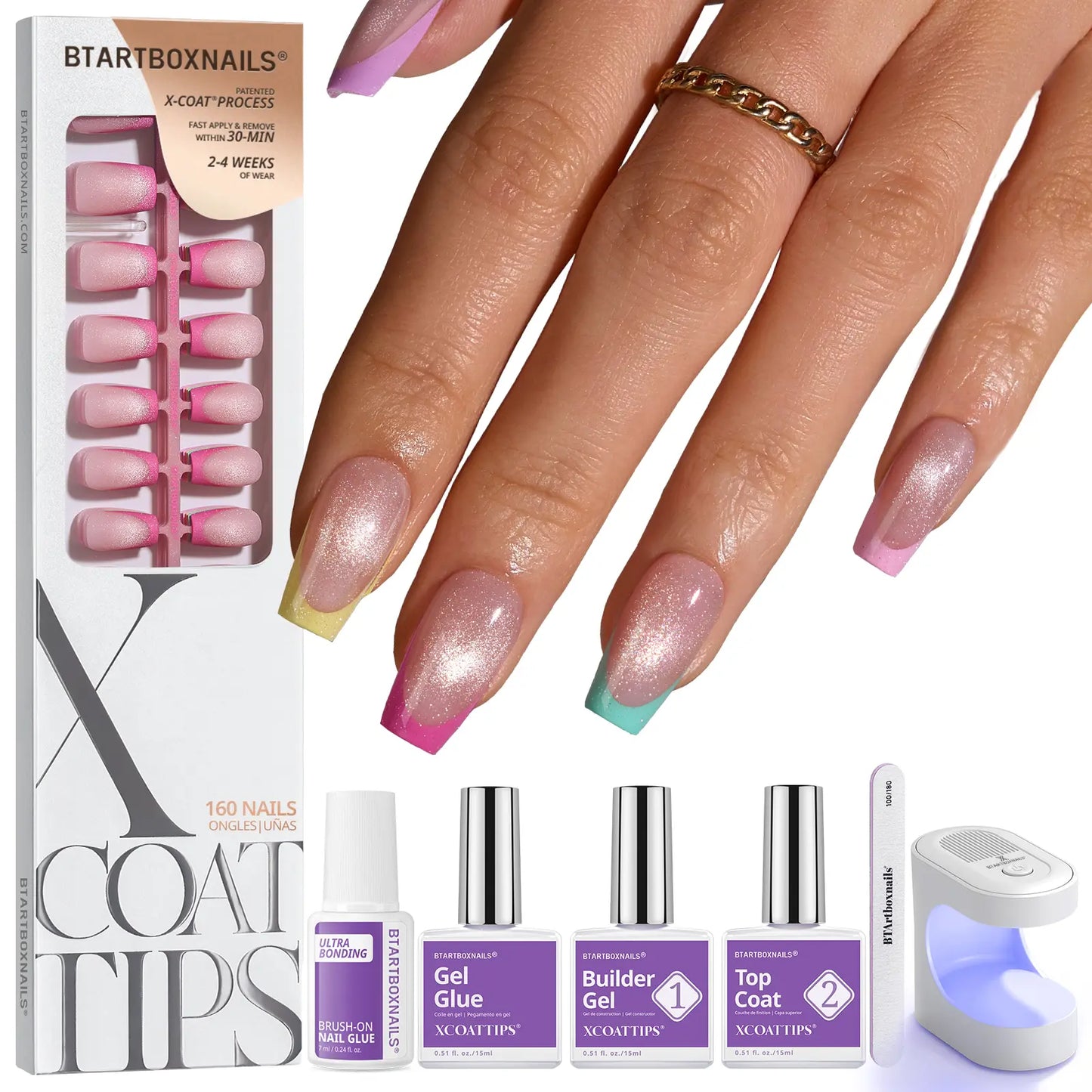 Transform Your Look with Btartboxnails XCOATTIPS: 5 Vibrant Pastel French Tip Press-On Nails in Square, Almond, Coffin, or Stiletto Styles - Enjoy 4 Weeks of Salon-Quality Wear at Home!