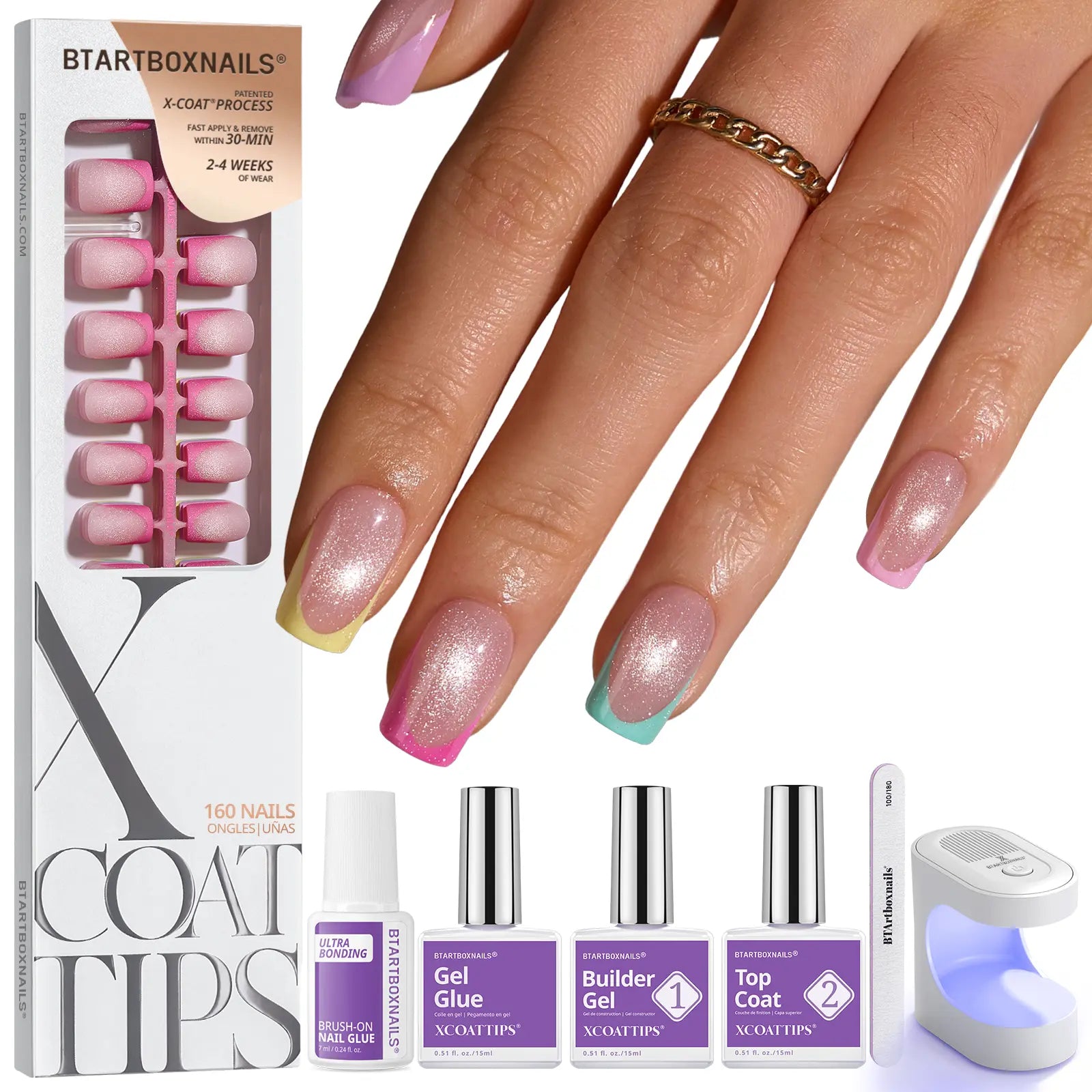 Transform Your Look with Btartboxnails XCOATTIPS: 5 Vibrant Pastel French Tip Press-On Nails in Square, Almond, Coffin, or Stiletto Styles - Enjoy 4 Weeks of Salon-Quality Wear at Home!