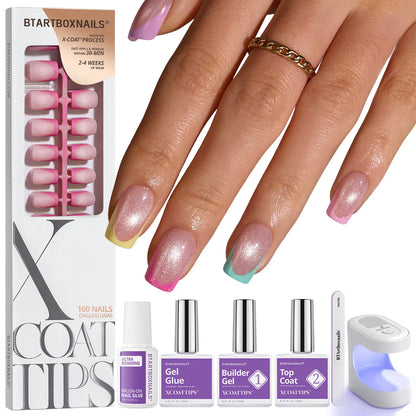 Transform Your Look with Btartboxnails XCOATTIPS: 5 Vibrant Pastel French Tip Press-On Nails in Square, Almond, Coffin, or Stiletto Styles - Enjoy 4 Weeks of Salon-Quality Wear at Home!