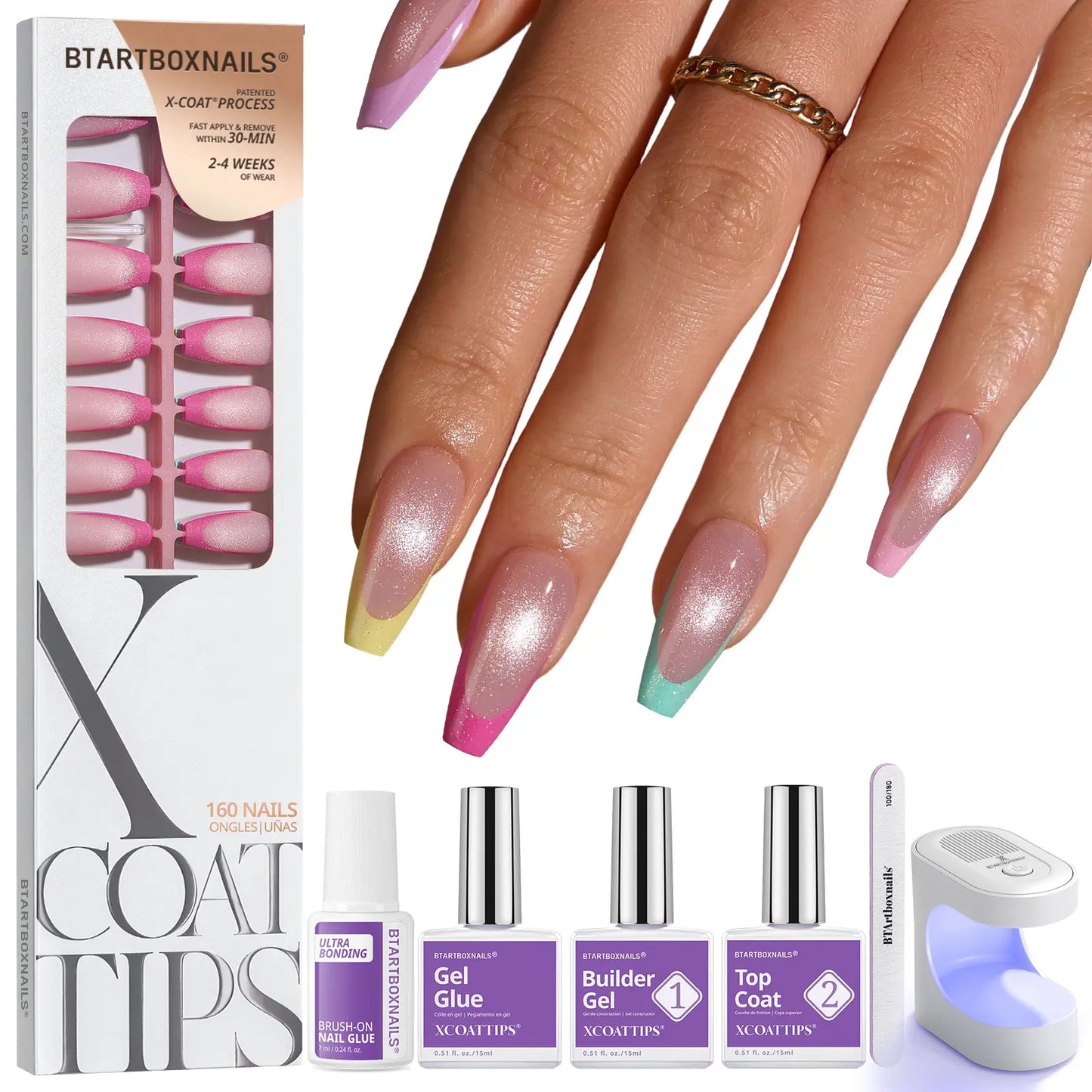 Transform Your Look with Btartboxnails XCOATTIPS: 5 Vibrant Pastel French Tip Press-On Nails in Square, Almond, Coffin, or Stiletto Styles - Enjoy 4 Weeks of Salon-Quality Wear at Home!