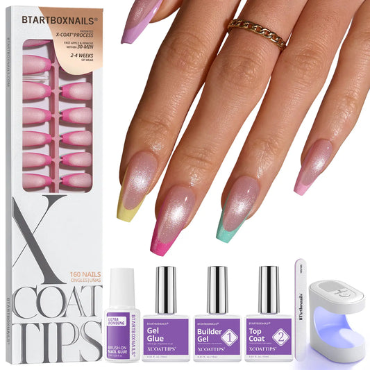 Transform Your Look with Btartboxnails XCOATTIPS: 5 Vibrant Pastel French Tip Press-On Nails in Square, Almond, Coffin, or Stiletto Styles - Enjoy 4 Weeks of Salon-Quality Wear at Home!